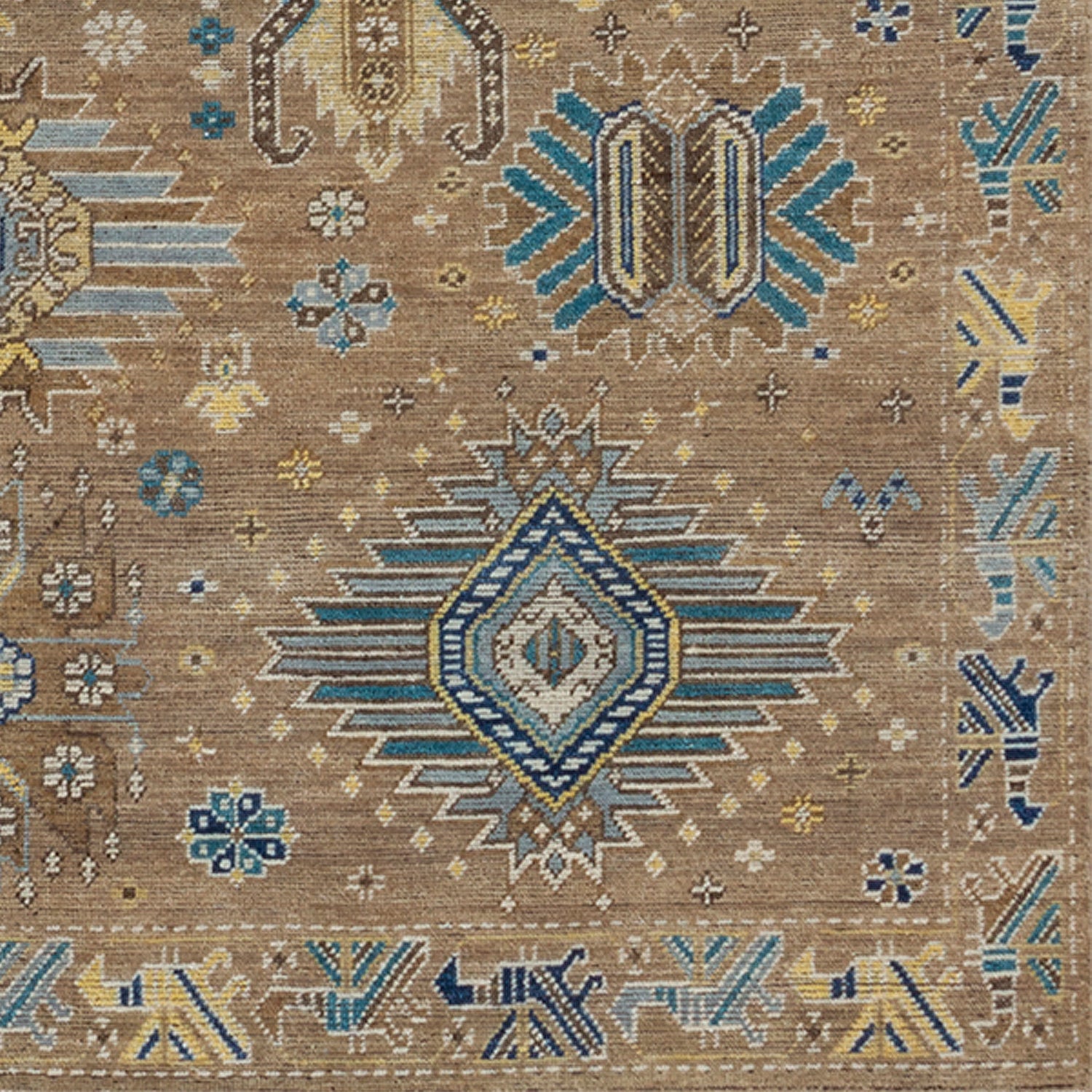 Woven rug swatch in a geometric pattern with a border of stylized bird shapes in shades of blue and yellow on a tan background.