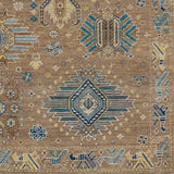 Woven rug swatch in a geometric pattern with a border of stylized bird shapes in shades of blue and yellow on a tan background.