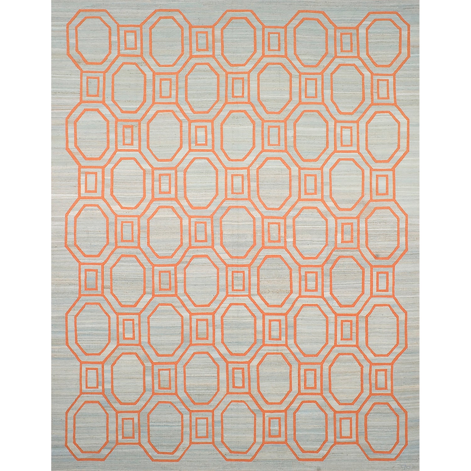 Rectangular rug with an interlocking octagon and square pattern in bright coral on a tan background.