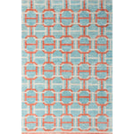 Large rectangular rug in an interlocking geometric buckle pattern in coral and white on a light blue field.