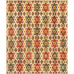 Large rectangular rug in a repeating ikat floral pattern in shades of red, yellow and green on a tan field.