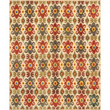 Large rectangular rug in a repeating ikat floral pattern in shades of red, yellow and green on a tan field.