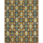 Large rectangular rug in a repeating ikat floral pattern in shades of blue and yellow on a brown field.