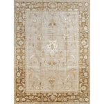 Large rectangular rug with a repeating abstract foral pattern and a dense floral border in shades of white, tan and brown.
