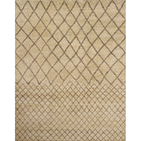 Large rectangular rug in a large-scale diamond pattern that transitions to a smaller-scale diamond pattern in black lines on a tan field.