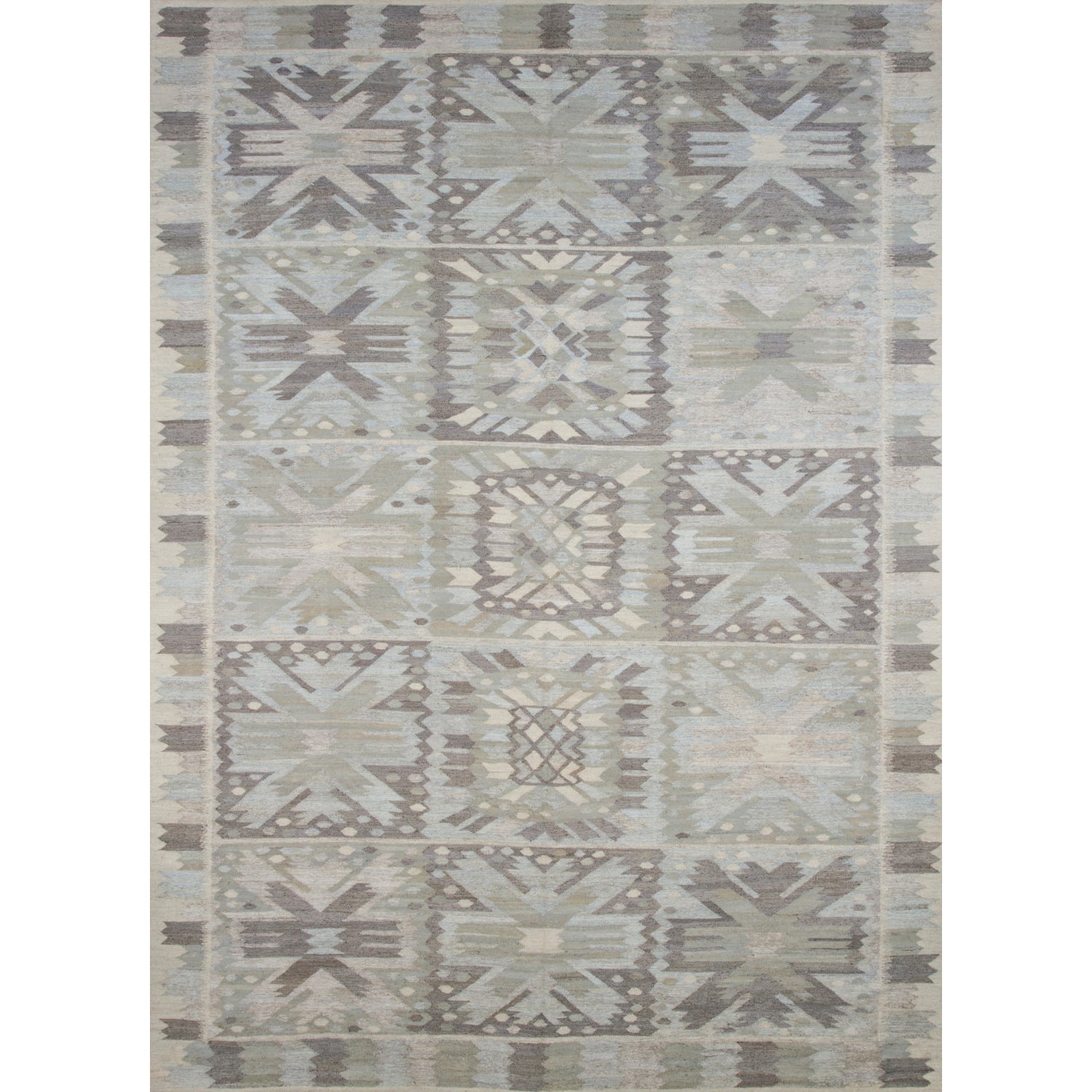 Large rectangular rug in a repeating abstract geometric pattern with a border of jagged geometric shapes, all in shades of gray.
