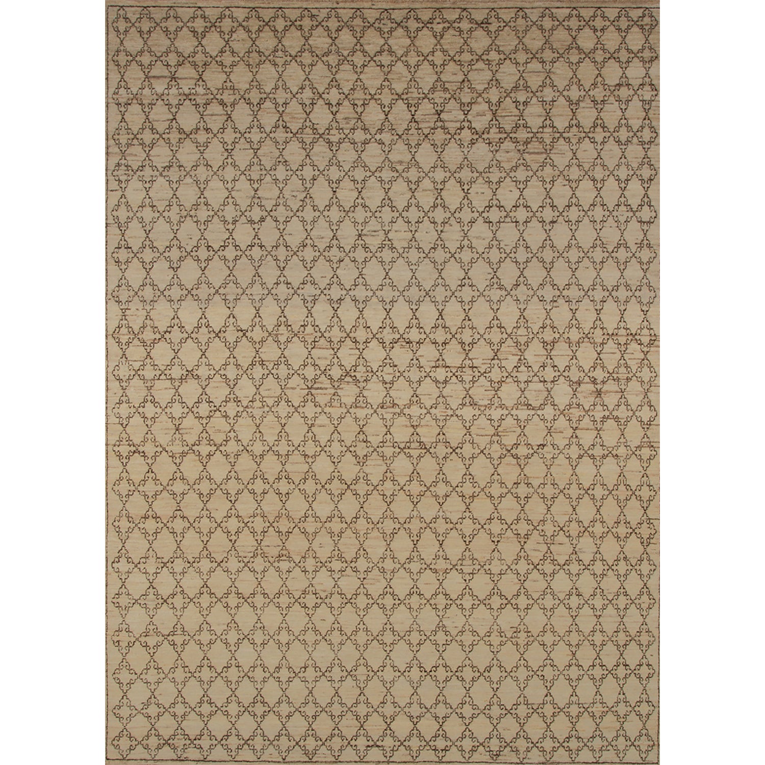 Large rectangular rug in a small-scale diamond filigree pattern in black on a tan field.