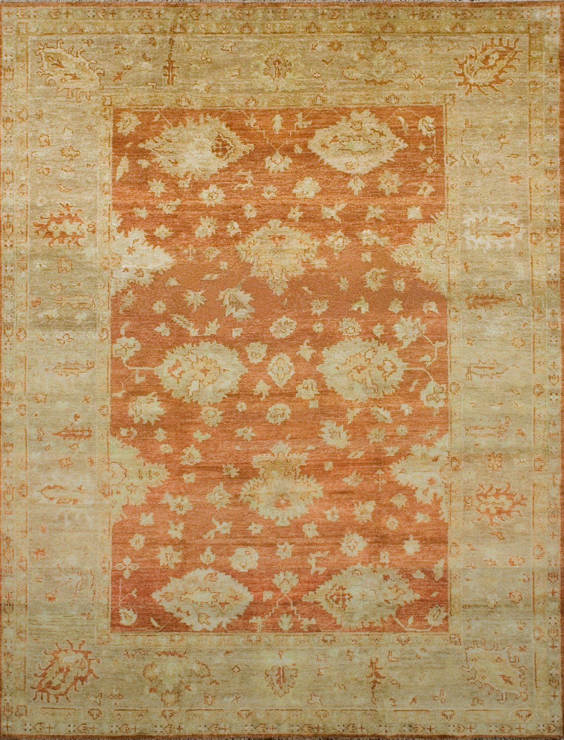 Large rectangular rug with a minimalist floral pattern in tan on a red field, with a tan border of linear florals in red.