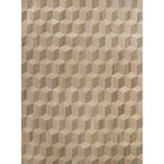 Large rectangular rug in a repeating Escher-inspired dimensional square pattern in shades of tan and brown.