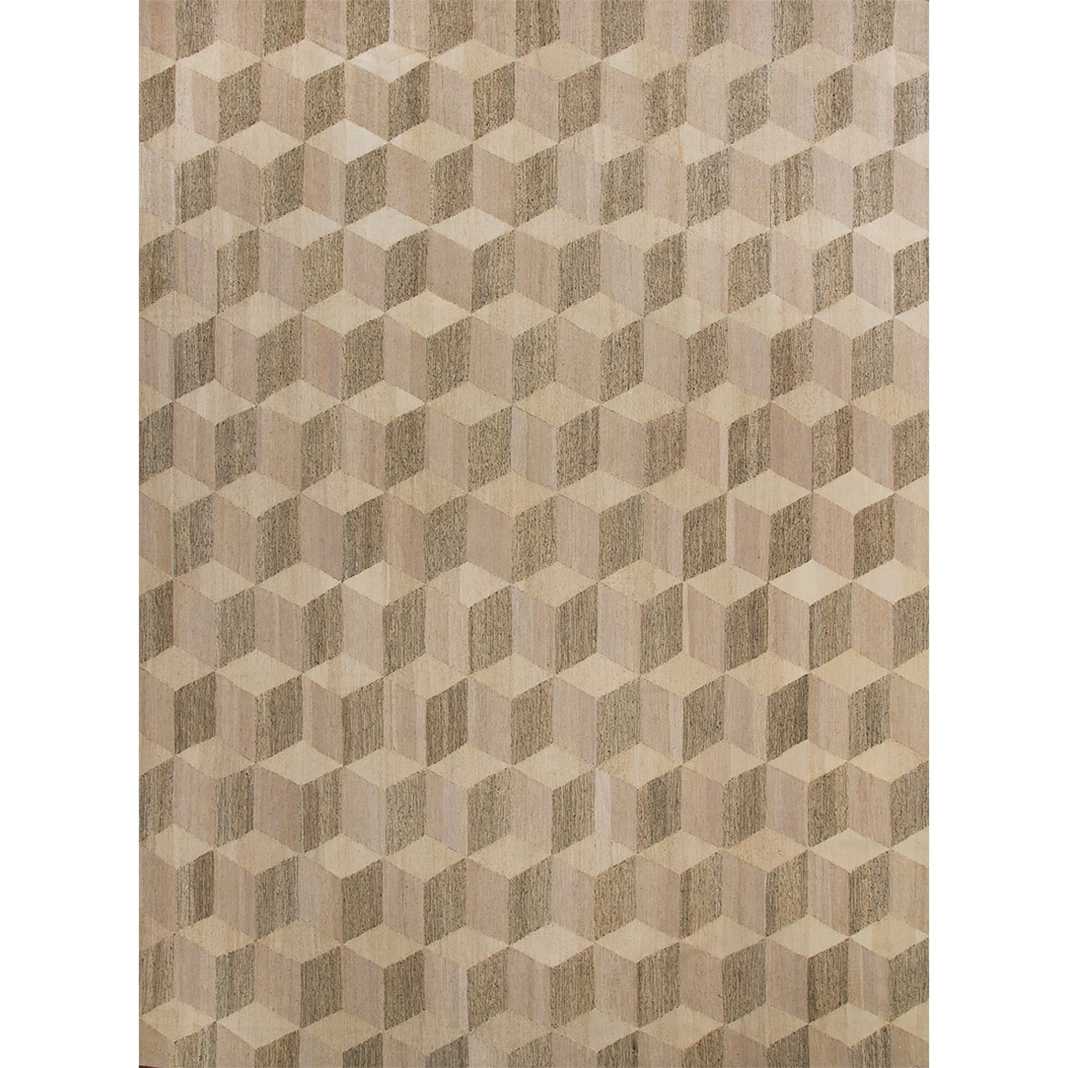 Large rectangular rug in a repeating Escher-inspired dimensional square pattern in shades of tan and brown.