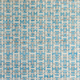 Woven rug swatch with an interlocking linear "gate" pattern in shades of white and gray on a sky-blue field.