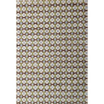 Large rectangular rug in a small-scale grid pattern featuring squares of cream, blue, green and brown.