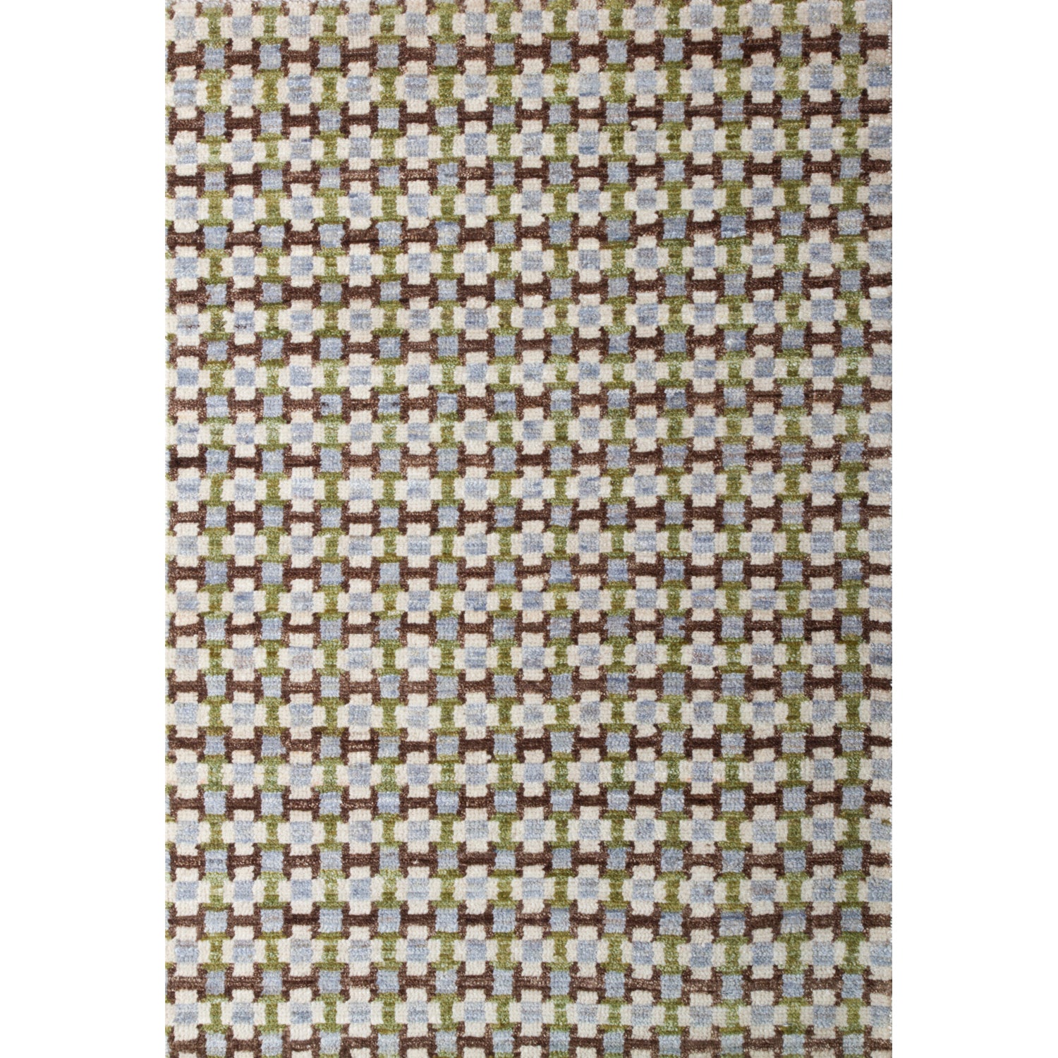 Large rectangular rug in a small-scale grid pattern featuring squares of cream, blue, green and brown.
