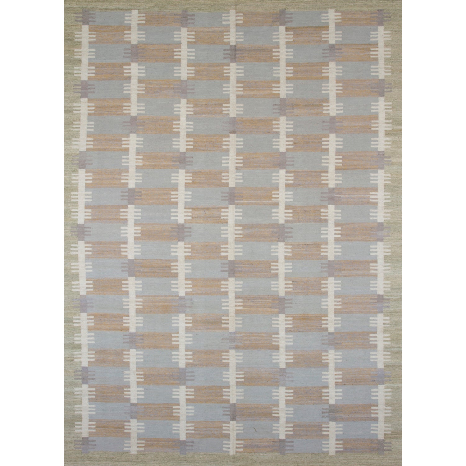 Rectangular rug in a stripe motif broken by rows of rectangular shapes in white and gray on a blue and tan field.
