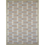 Rectangular rug in a stripe motif broken by rows of rectangular shapes in white and gray on a blue and tan field.