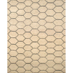 Large rectangular rug in a linear honeycomb pattern in black on a tan field.