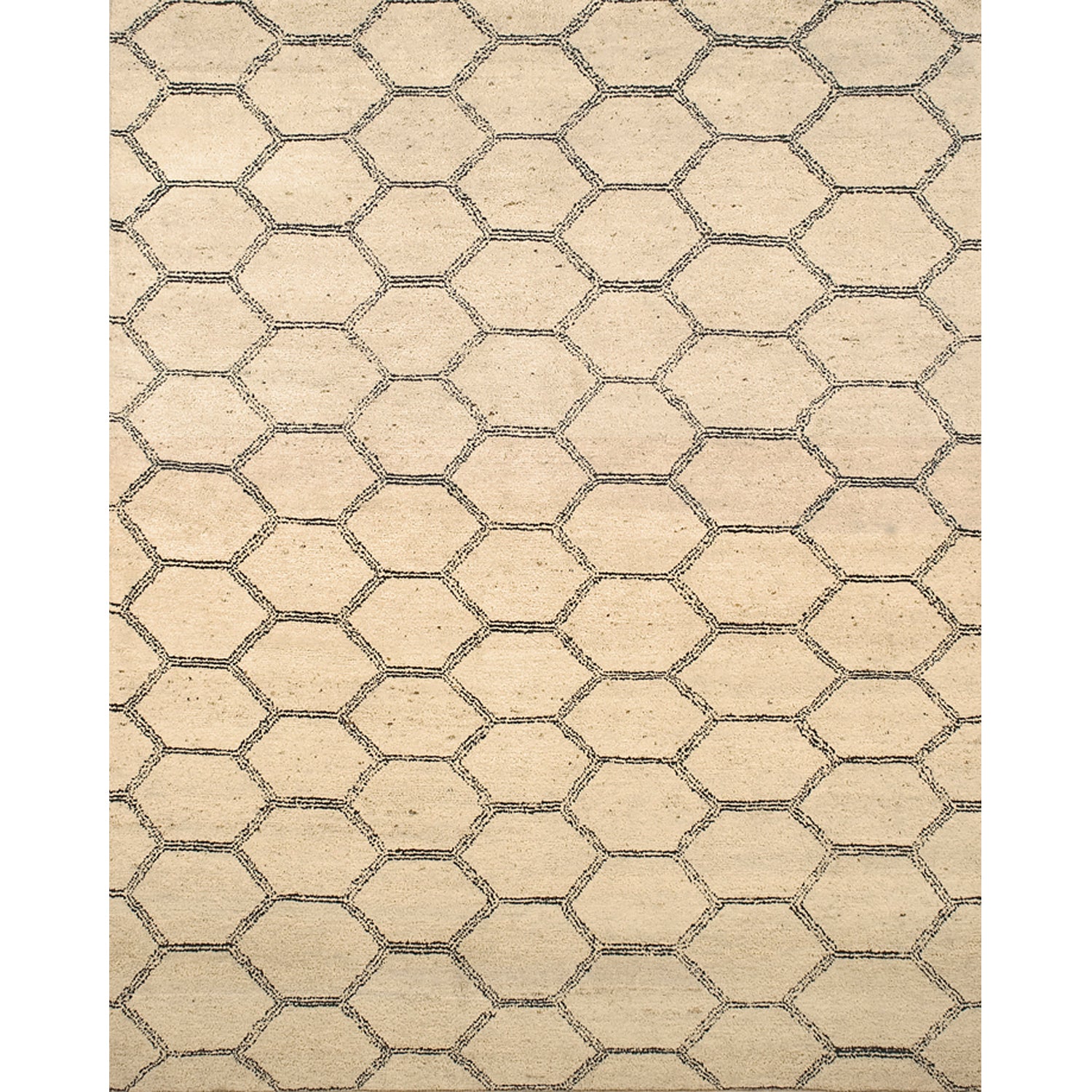 Large rectangular rug in a linear honeycomb pattern in black on a tan field.