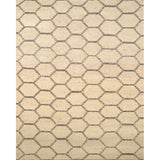 Large rectangular rug in a linear honeycomb pattern in black on a tan field.