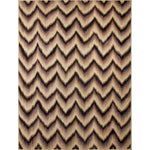 Large rectangular rug in an Ikat chevron pattern in shades of cream, tan, brown and black.