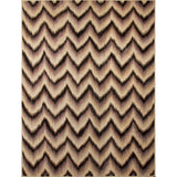 Large rectangular rug in an Ikat chevron pattern in shades of cream, tan, brown and black.