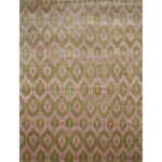 Rectangular area rug with a green and mauve ikat diamond motif.