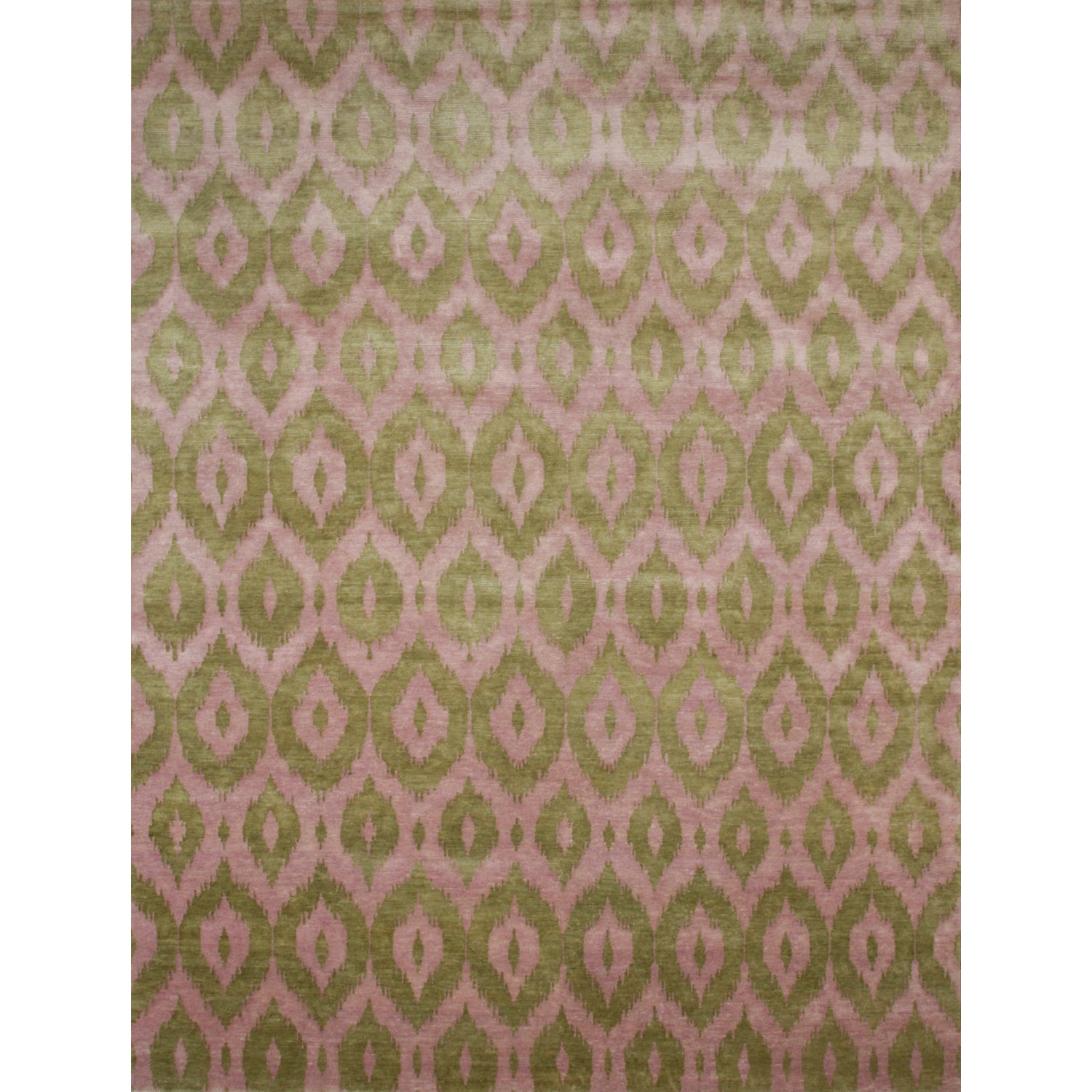 Rectangular area rug with a green and mauve ikat diamond motif.