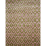 Rectangular area rug with a green and mauve ikat diamond motif.