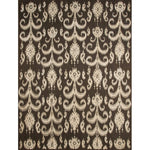 Rectangular rug with a cream ikat fleur de lis pattern on a black field.