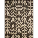 Rectangular rug with a cream ikat fleur de lis pattern on a black field.