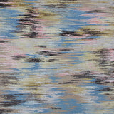 Detail of a woven rug in an abtract stripe pattern reminiscent of a Lily Pond in shades of blue, pink, green and gray.