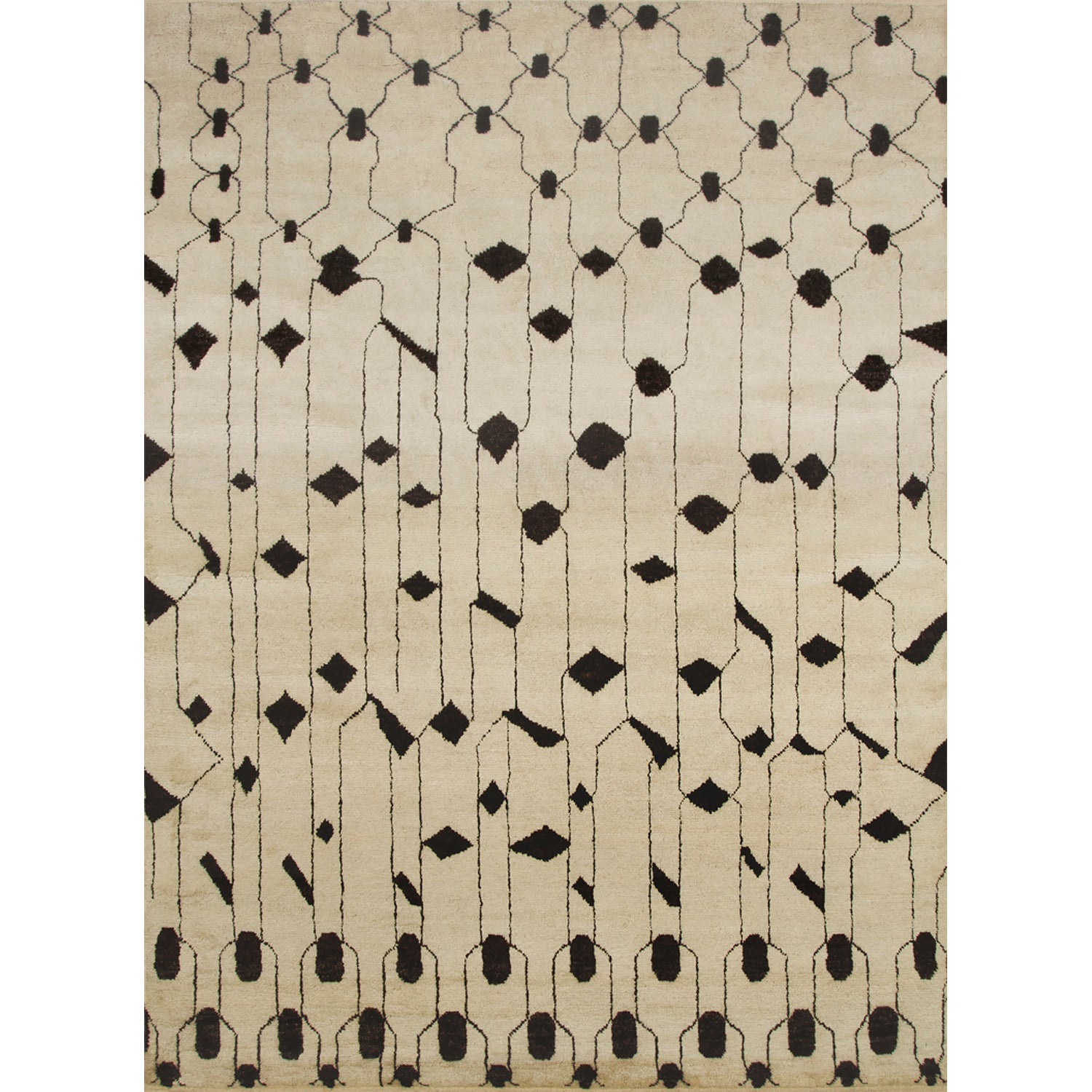 Rectangular high-pile woven rug in an abstract "lantern" line pattern in black on a tan field.