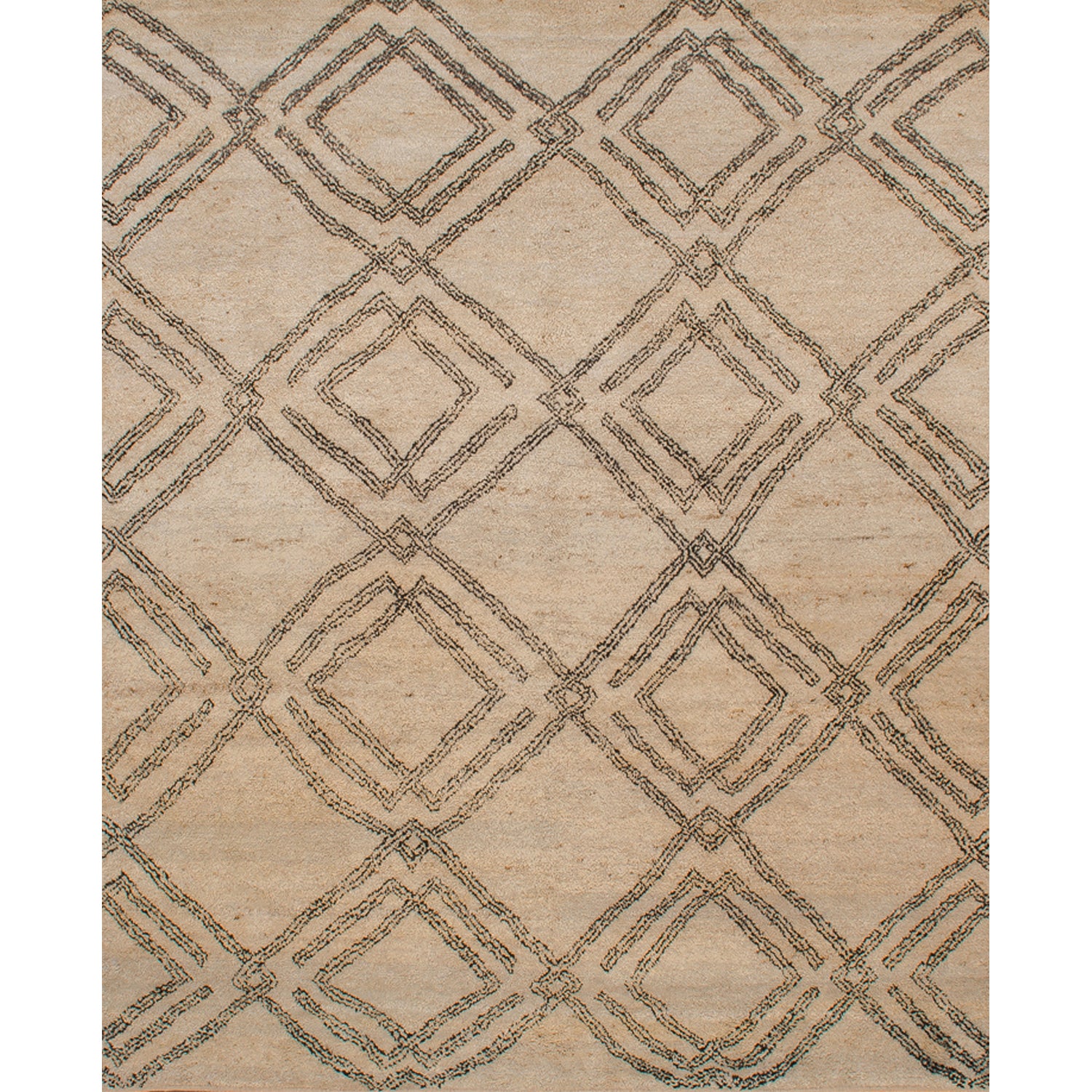 Rectangular woven high-pile rug in a large-scale interlocking diamond pattern in black on a cream field.