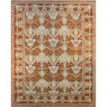 Rectangular rug in a repeating floral pattern with a dense floral border in shades of light orange and tan on a red field.