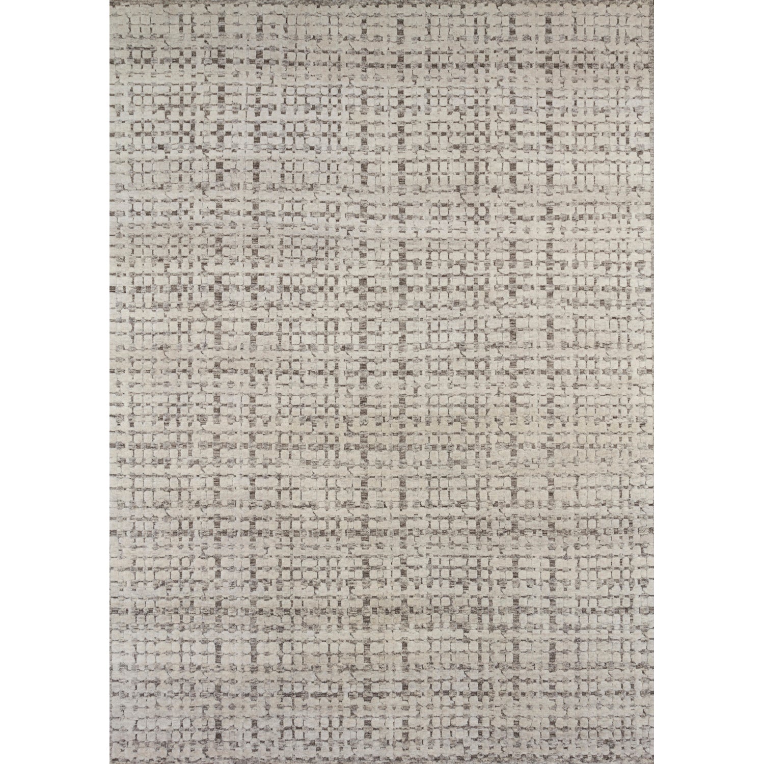 Rectangular rug in a small-scale honeycomb pattern in dark gray on a gray field.