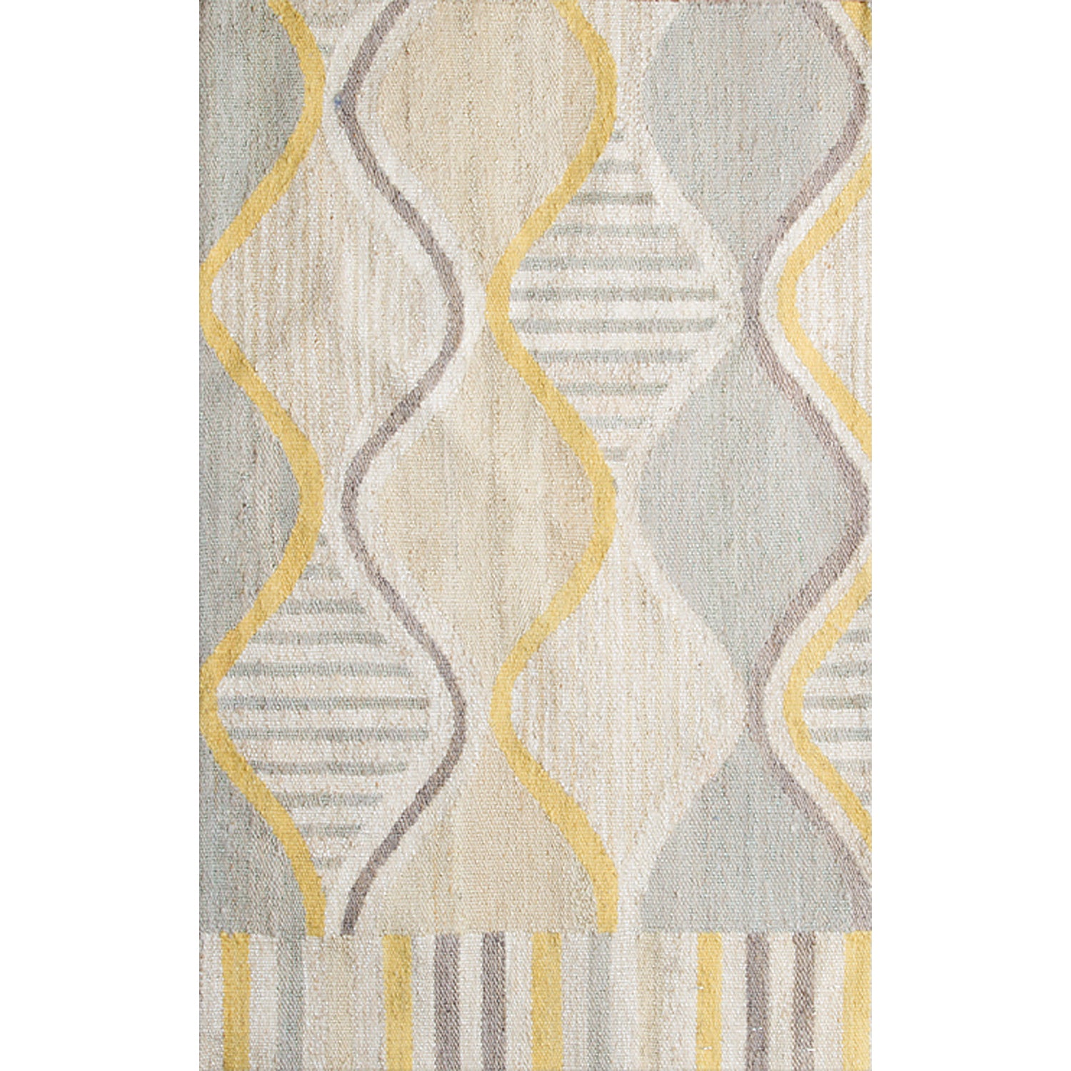 Rectangular rug with an abstract curvolinear pattern and striped borders in shades of yellow, cream and gray.