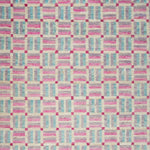 Woven high-pile rug swatch in a small-scale square crosshatch design in shades of pink, blue and cream.