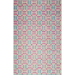 Rectangular high-pile rug in a small-scale square crosshatch design in shades of pink, blue and cream.