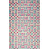 Rectangular high-pile rug in a small-scale square crosshatch design in shades of pink, blue and cream.
