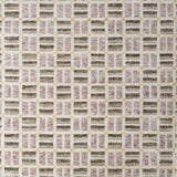 Woven high-pile rug swatch in a small-scale square crosshatch design in shades of purple, olive, brown and cream.