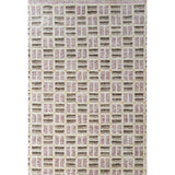 Rectangular high-pile rug in a small-scale square crosshatch design in shades of purple, olive, brown and cream.