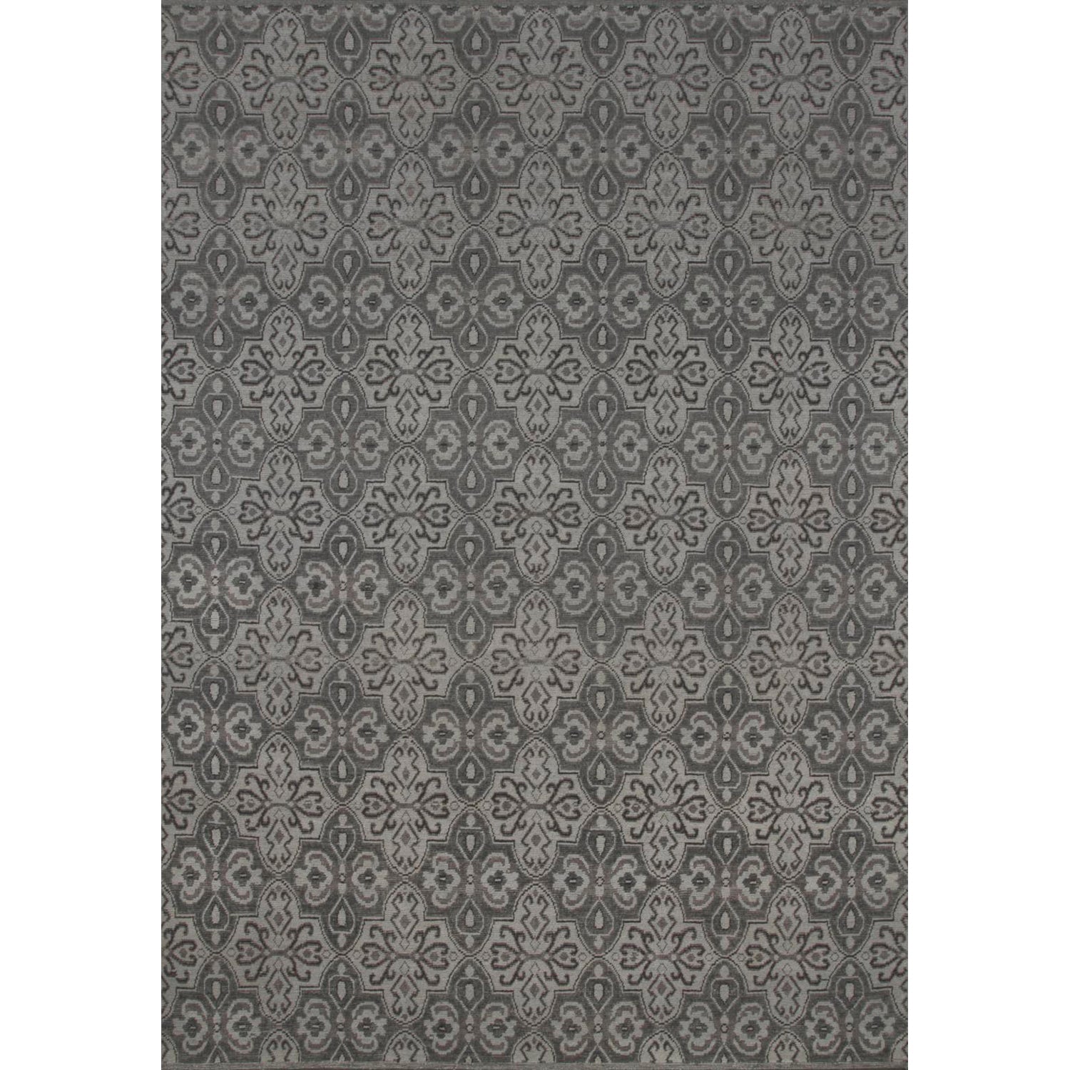 Rectangular rug in a repeating floral paisley in shades of gray.