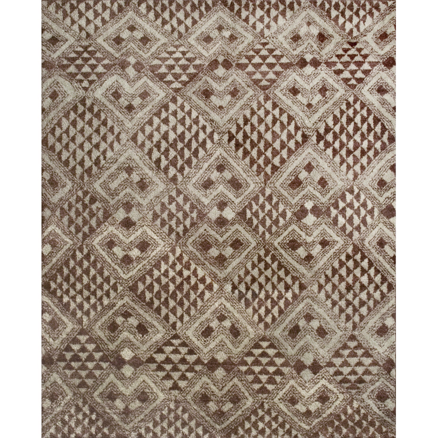 High-pile rectangular rug in a dense geometric pattern of diamonds in various sizes in shades of brown and cream.