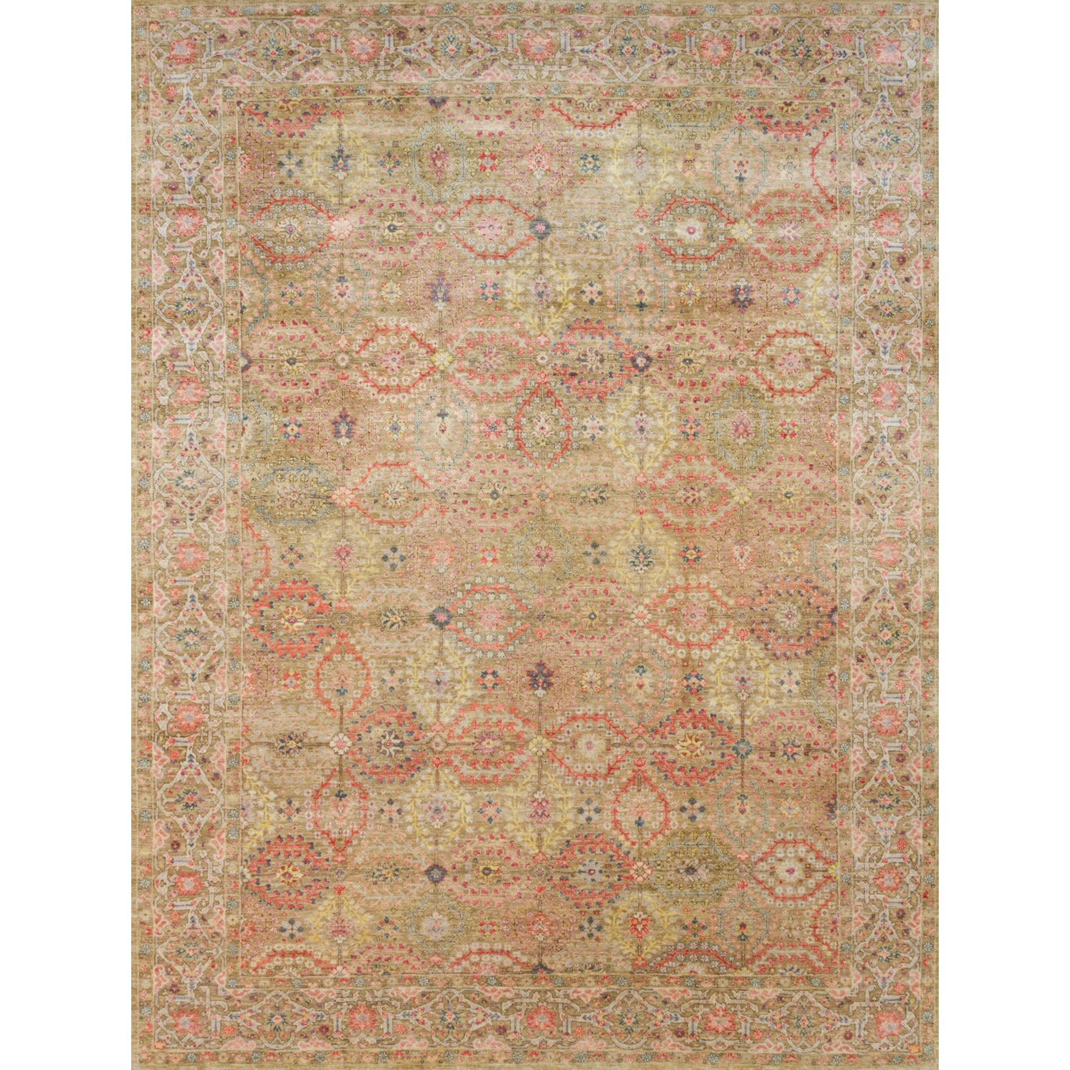 Rectangular rug in a dense floral print with a floral paisley border in shades of pink, red, yellow and green on a tan field.