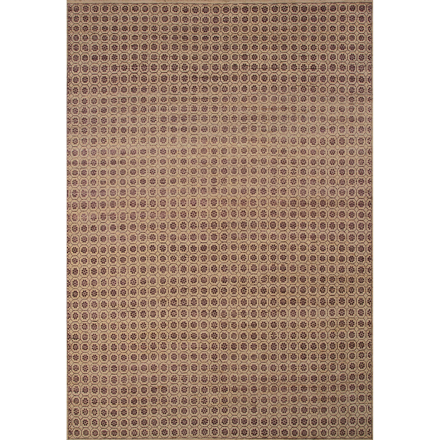 Rectangular rug in a dense repeating floral honeycomb pattern in purple on a tan field.