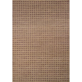 Rectangular rug in a dense repeating floral honeycomb pattern in purple on a tan field.