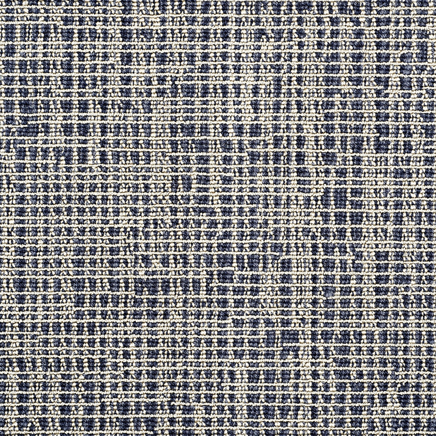 Wool-blend broadloom carpet swatch in a grid weave in mottled cream and navy.