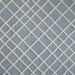 Wool-blend broadloom carpet swatch in a dimensional lattice print in cream on a mottled sky-blue field.