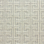 Wool-blend broadloom carpet swatch in an interlocking linear print in silver on a cream field.