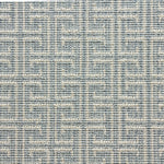 Wool-blend broadloom carpet swatch in an interlocking linear print in sky blue on a cream field.