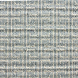 Wool-blend broadloom carpet swatch in an interlocking linear print in sky blue on a cream field.